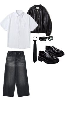 a white shirt and black pants are outfitted with sunglasses, a tie, and a leather jacket