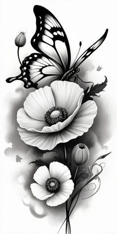 black and white flowers with butterflies on them