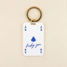 Lucky You Keychain in white acrylic with blue details and solid brass hardware | Shop Freshwater Keychain Charms Aesthetic, Best Friends Keychains, Car Keychain Aesthetic, Car Keys Keychain Ideas, Ceramic Keychain, Brass Keychain, Designer Keychain, Card Keychain, Small Keychain