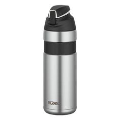 thermos stainless steel water bottle with black lid and handle, on a white background