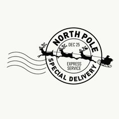 the north pole special delivery logo with santa's sleigh and reindeers