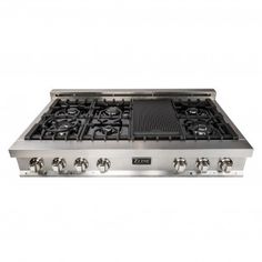 a stainless steel gas range with four burners and two griddles on the top