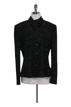 Current Boutique-Armani Collezioni - Black Marbled Blazer Sz 12 Formal Black Wool Top, Elegant Black Wool Top, Black Wool Top For Formal Occasions, Black Wool Tops For Formal Occasions, Tailored Tops For Formal Winter Occasions, Elegant Business Tops For Winter, Elegant Winter Office Tops, Formal Wool Tops, Chic Formal Winter Tops