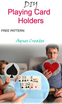 two children sitting on a couch with playing cards in front of them and the text, diy playing card holders free pattern