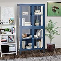 a living room with a blue bookcase in the corner and pictures on the wall