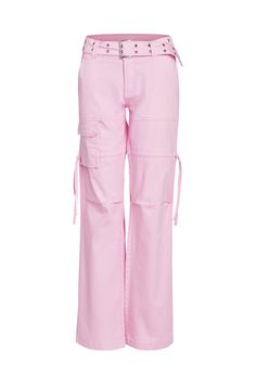 Details Best-selling Naima Cargo Pant is back Baby pink denim jean - Cargo pant style Low-rise waist and relaxed silhouette Double studded belt with silver buckle and eyelets Workable pockets throughout the front and back Featuring workable drawstring at thigh Unlined - This fabric is not sheer Recommended Underwear: Due to the low-mid rise, we recommend wearing this garment with a seamless low-mid brief Size and Fit True to size. We recommend wearing your standard size Low-rise waist - Sits app Cargo Pant Style, Pants Png, Pink Cargo Pants, Cargo Pants Style, Prada Dress, Cute Bras, Pink Denim, Denim Pants Women, I Am Gia