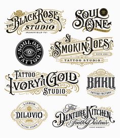 some type of tattoo studio logos and their designs are in black and white, with gold lettering