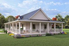 a small white house with porches and flowers in the front yard