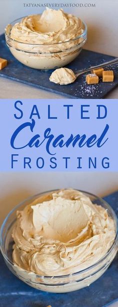 salted caramel frosting in a glass bowl on top of a blue tray