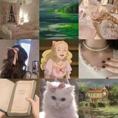 a collage of photos with different scenes including a woman, cat and other things