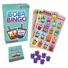 an image of boba bingo game with matching cards and dices on the table