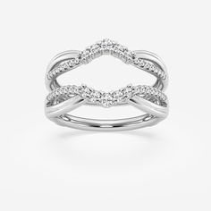 a white gold ring with three rows of diamonds on the band and an intertwined design