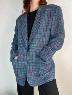 "- Vintage 90s Plaid Blazer - Padded shoulders - Rayon polyester blend shell - Made in Hungry                                                 - Tagged 12 Chest: 20\" Length: 29.5\" Sleeve: 23\" Shoulder: 18\"" Vintage Blazer, Womens Blazers, Blue Gingham, Plaid Blazer, Oversized Blazer, Style Outfits, Blue Plaid, Blue Stripes, Blazer Suit