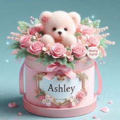 a teddy bear sitting in a pink box with flowers on the bottom and nameplate