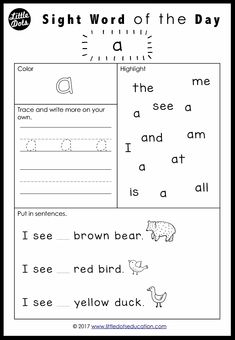 worksheet for sight word of the day with an image of animals and letters