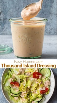 two pictures one with salad and the other with dressing in it, on top of a plate