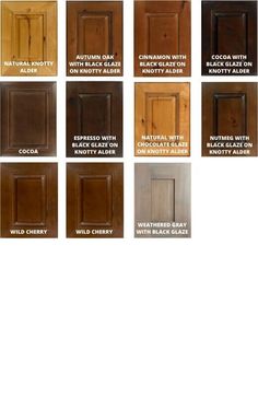 the different types of wood doors are shown in various colors and sizes, including brown