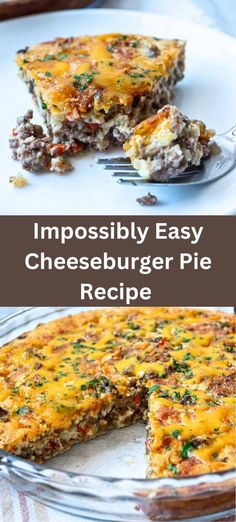 an easy cheeseburger pie is cut in half and served on a plate with a fork