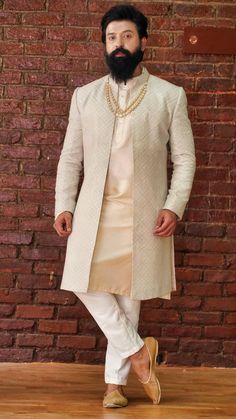 Beige Embellished Jacket Style Sherwani Set Priti Sahni - Men - Fabilicious Fashion Open Jacket Sherwani, Open Sherwani, Gold Earrings Studs Simple, Add Sleeves, Heavy Jacket, Grey Jacket, Open Jacket, Embellished Jacket, Engagement Outfits