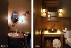 before and after photos of a bathroom with wood paneling, toilet, sink and mirror