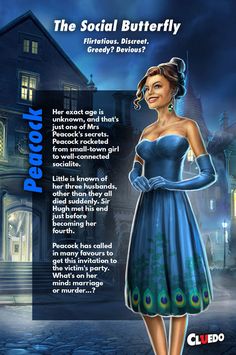 a woman in a blue dress standing in front of a house with the caption's description below