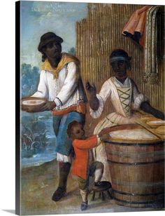 an oil painting of two men and a child in front of a barrel