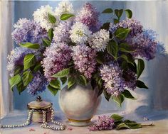 a painting of lilacs in a white vase on a table with pearls and beads