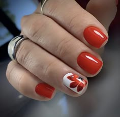 Red Sns Nails Designs, Red Nails With Accent Nail, Red Sns Nails, Nails Rojas Cortas, Trending Fall Nails, Sns Nails Designs, Cruise Nails, Short Nail Manicure, Bright Red Nails