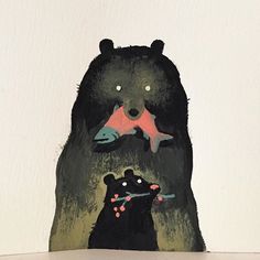 a painting of two bears with fish on their backs