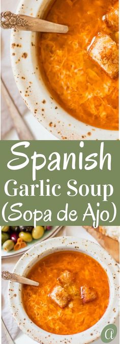 spanish garlic soup in a white bowl with spoons