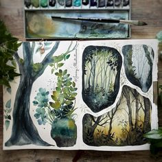 an artist's watercolor painting with trees and plants in the background on a wooden table