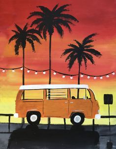 a painting of a van parked in front of palm trees at sunset with lights on