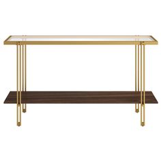 a gold and glass console table with two shelves