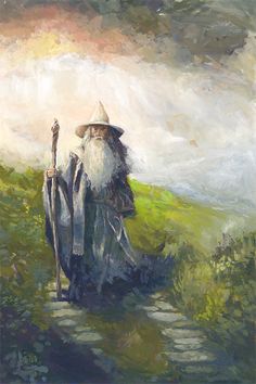 a painting of an old man with a long white beard holding a staff and walking down a path