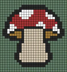 a pixellated image of a mushroom in the middle of a cross stitch pattern on a green background