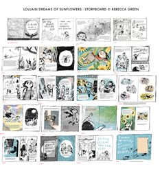 a collage of drawings and pictures with words written in black on white, including children's books