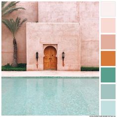 a pool with a wooden door and palm trees in front of it, surrounded by color swatches