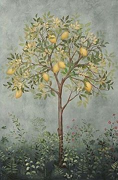 a painting of a tree with lemons on it