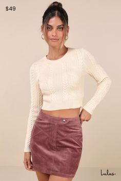 The Lulus Perfected Cuteness Mauve Corduroy High-Rise Mini Skirt was made to be paired with chunky sweaters and sleek knee-high boots! Soft ribbed corduroy shapes this trendy skirt that features a high, banded waist with a snap button strap and a hidden zip fly. The A-line silhouette features vintage-inspired, yoke seam detailing across the front, decorative welt pockets at the back, and a flirty mini hem. Fit: This garment fits true to size. Length: Mid-thigh. Size medium measures 15.5" from wa Chunky Sweaters, Casual Formal Dresses, Corduroy Mini Skirt, Lulu Fashion, Trendy Skirts, Casual Wedding Dress, Corduroy Skirt, Chunky Sweater, Bottom Clothes