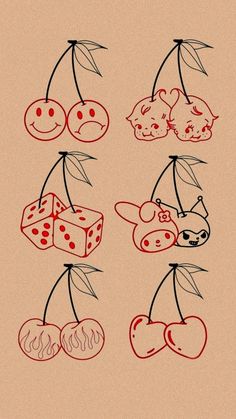 a drawing of dices and cherries hanging from a tree