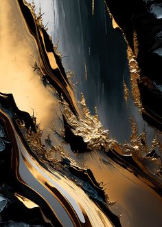 an abstract painting with gold and black colors