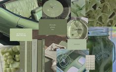 a collage of green items including books, magazines and other things in the background