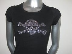 Rhinestone Skull And Crossbone Diy Rhinestone Shirt, Bling Aesthetic, Industrial Goth, Rhinestone Outfit, Rhinestone Skull, Rhinestone Tees, Clothes Board, Rhinestone Shirts, Rhinestone Top