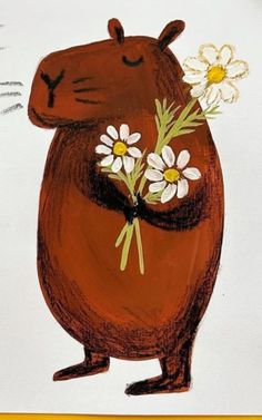 a drawing of a hippo with daisies in its mouth