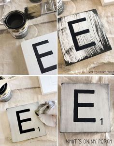 four pictures showing the letters e and f painted on canvases with paintbrushes