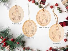 three wooden christmas ornaments with names on them