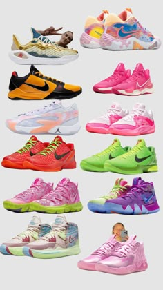 the nike basketball shoes are all in different colors and sizes, including pink, yellow, blue