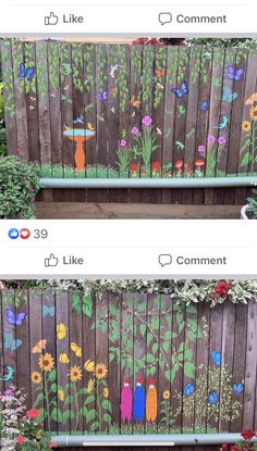 two pictures with flowers painted on the fence