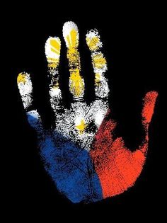 an image of a hand with the colors of the philippines flag painted on it