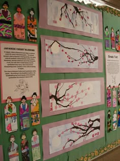 a bulletin board with pictures of people and trees on it's sides, along with information about cherry blossoms